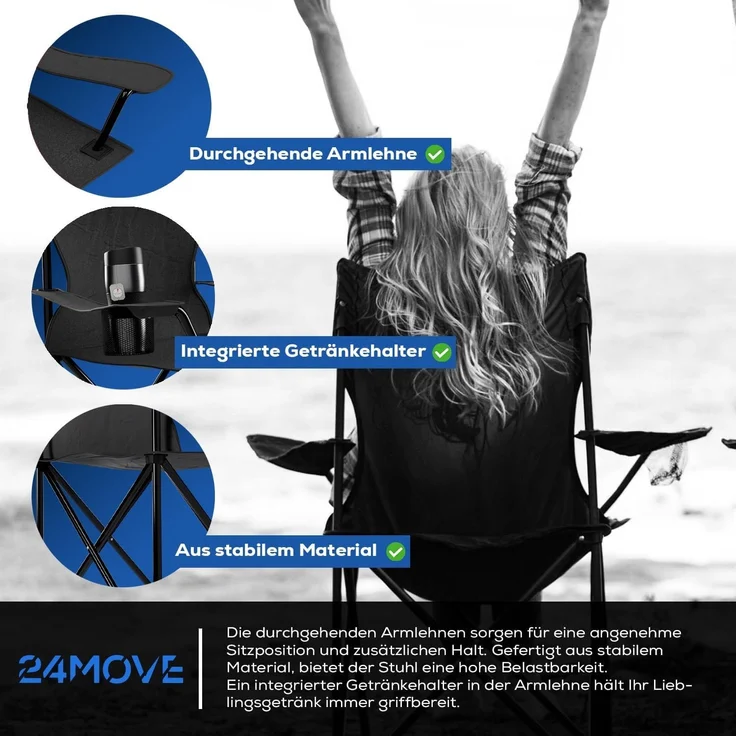 24Move Campingstuhl 24MOVE® Campingstuhl, 2er Set, Anglerstuhl, Getränkehalter, schwarz, mit Tragetasche, schwarz, Klappstuhl, bis 100kg belastbar – Bild 6
