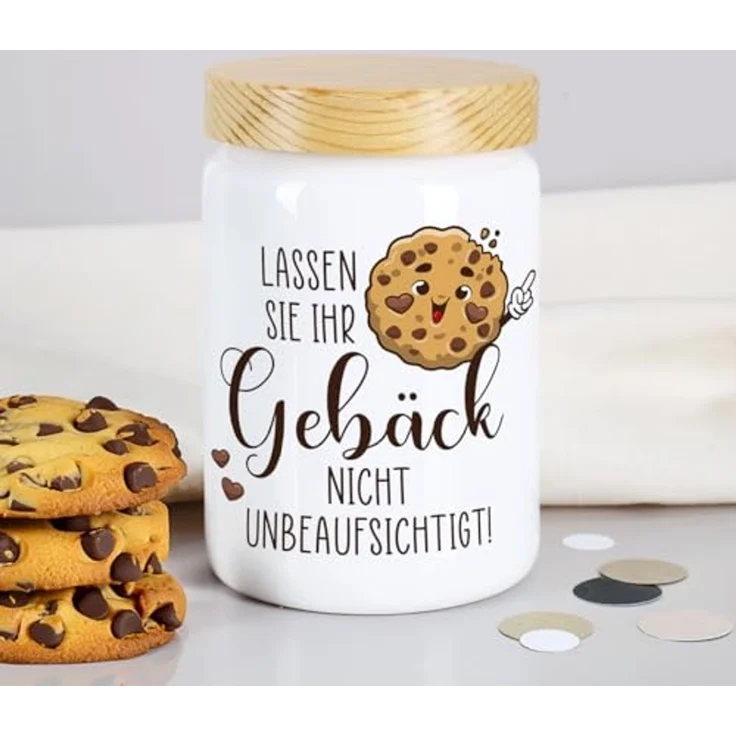 Herz & Heim Keksdose mit lustigem Aufdruck - Vorratsdose für Kekse & Gebäck, Keramik, mit Holzdeckel – Bild 4