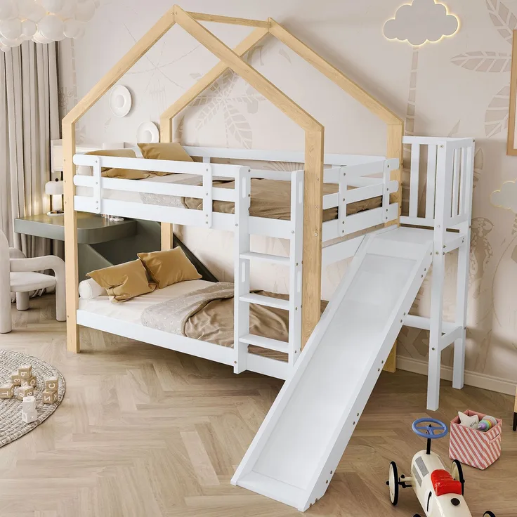 Haus-Etagenbett Kinder 90x200 Rutsche Leiter Kiefer Holz Spielbett,Weiß & Natur