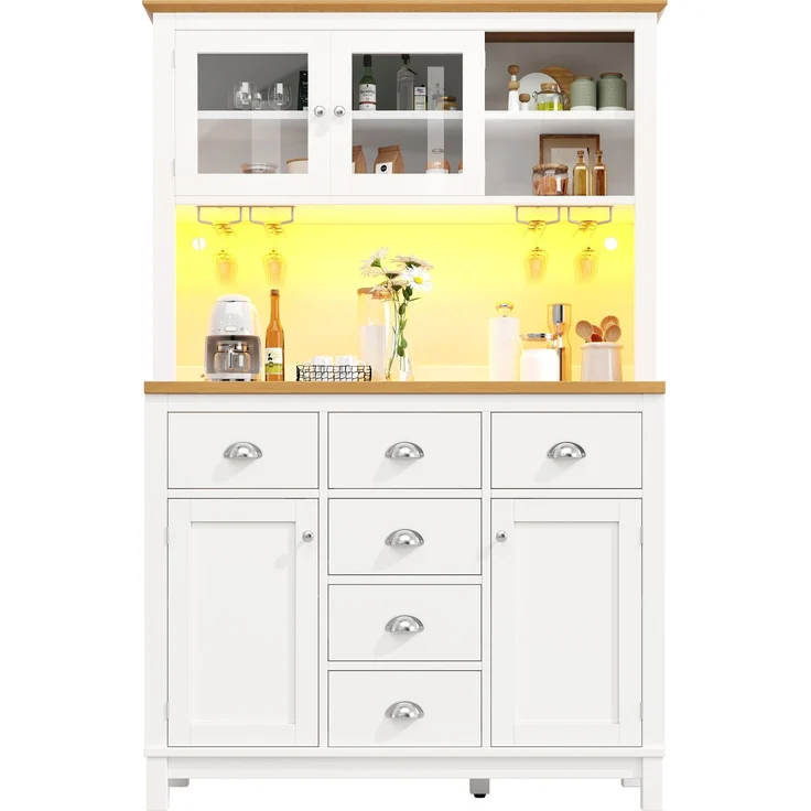 Seitenboard / Aufbewahrungsschrank / Küchenschrank / Buffetschrank, 104x40x180cm, Landhausstil, 4 Türen, mit LED-Lichtleiste & Getränkehaltern, Grün/Weiß--Weiß--104x40x180cm--YOUDENOVA – Bild 9