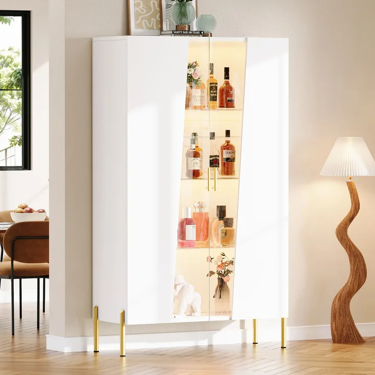 Vitrine 72x40x145 cm in Weiß mit asymmetrischer Glastür und mehrfarbiger LED-Beleuchtung