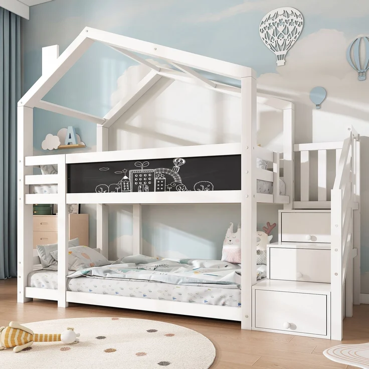 Kinder Hochbett Baumhaus mit Schubladen und Wandtafel, Weiß 90×200 cm, Etagenbett mit Treppe, Massivholz – Bild 5