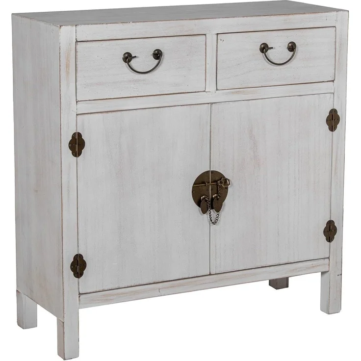 Asiatischer Eingangstisch mit 2 Schubladen und 2 Türen aus MDF-Holz in weiß gebeizt, 80 x 30 x 81 cm – Bild 2