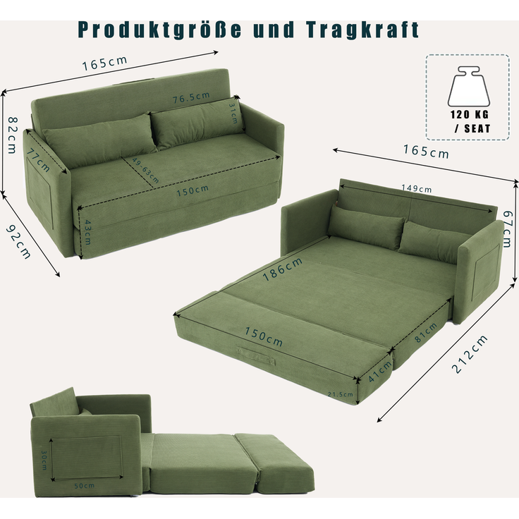 ZUBALIYA Schlafsofa 92x82 cm, mit Stauraum, mit Samtbezug, mit Cordbezug, mit breiten Armlehnen, mit Schaumstoffpolsterung, Grün – Bild 7