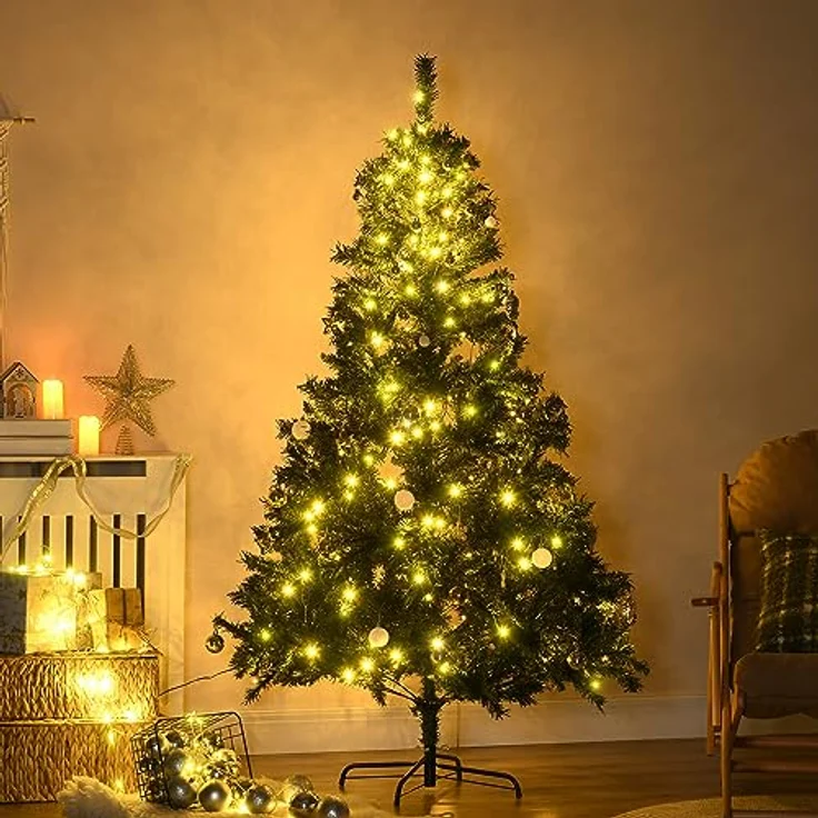 HOMCOM Künstlicher Weihnachtsbaum mit Deko 200 LEDs 745 Spitzen, Tannen, 112x180 cm (BxH), grün – Bild 3