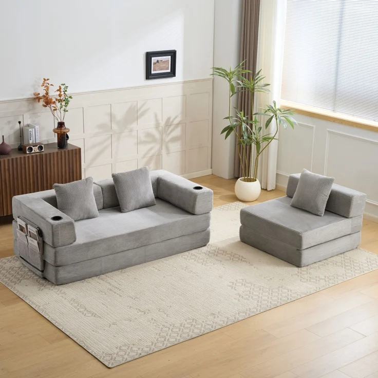 Bodensofa mit Schlaffunktion aus Cord in Hellgrau，H 60 x T 277.5 x B 92.5 cm – Bild 2