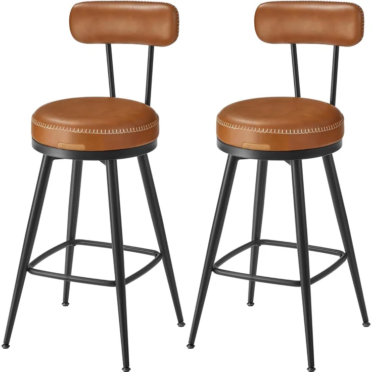VASAGLE EKHO Kollektion - 360° drehbarer Barhocker, 4er Set, Hocker mit Rückenlehne für Kücheninsel, Kunstleder mit Nähten, Mid-Century-Modern-Stil, 65 cm hoch, Küche, Hausbar, karamellbraun LBC289K01