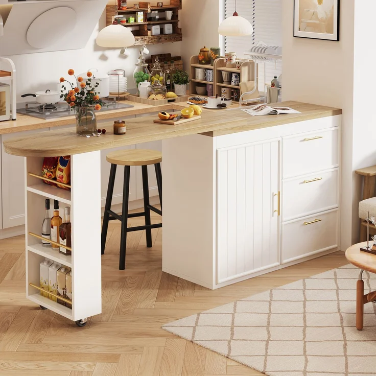 Bartisch Tisch mit 360° Drehfunktion, Verstellbare Regale & Kippschutz, 3 Schubladen & Seitenablage, Vielseitiger Stehtisch für Esszimmer, Wohnzimmer & Homeoffice--Weiß--97x54.51x16cm--YOUDENOVA – Bild 3
