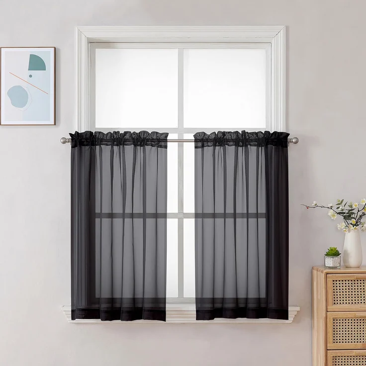 Chyhomenyc Transparente Vorhänge, 76,2 cm Länge, 2 Paneele, lichtfilternd, Voile, Stangentasche, Kurze Fenstervorhänge für Badezimmer, Wohnzimmer, Bauernhaus, kleine Fenster, 106,7x76,2 cm, Schwarz