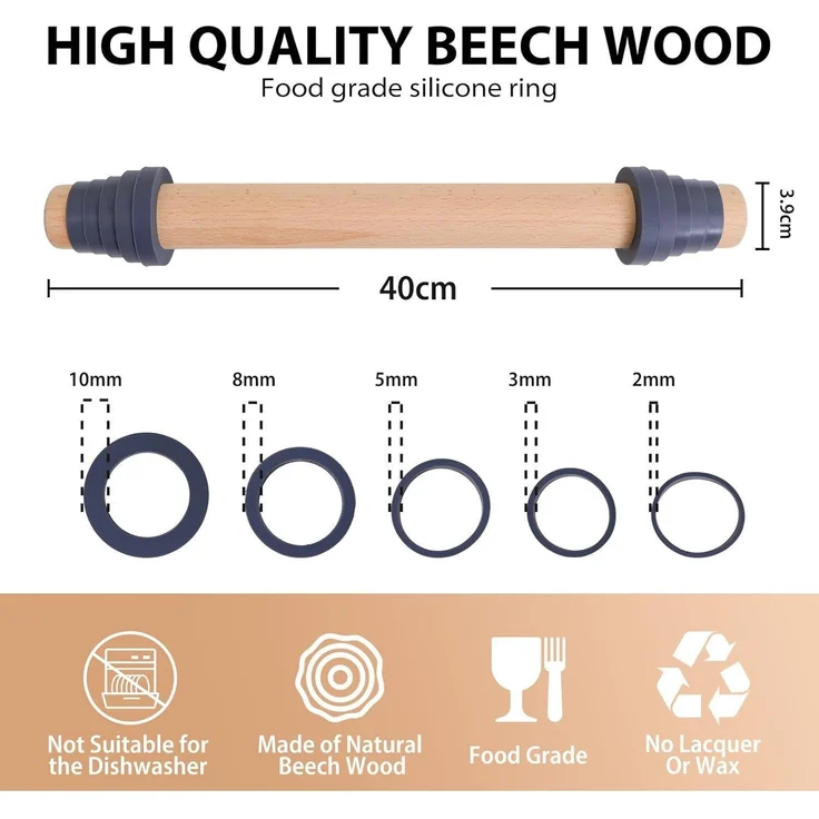 Nudelholz Buchenholz Teigroller Einstellbar Rolling Pin 5 Größen 40 cm – Bild 2
