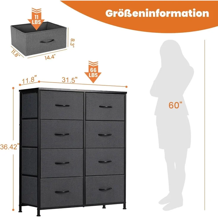 Sweetcrispy Kommode,Sideboard Wohnzimmer für Schlafzimmer mit 8 Stoffschubladen,Einstellbare Füße Schubladenschrank,Komodenschrank für Schlafzimmer,Modernes Grau – Bild 3