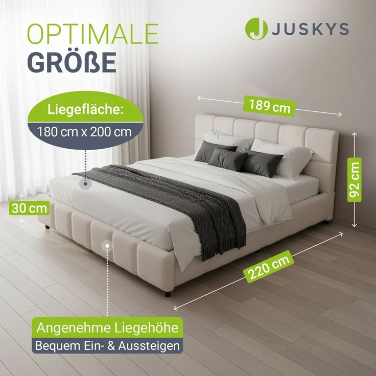Juskys Polsterbett Florenz 180 x 200 cm – Bouclé, modernes Bett mit Kopf- & Fußteil, stabilem Holz- & Metallrahmen, Lattenrost, 500 kg Tragkraft – Creme – Bild 3