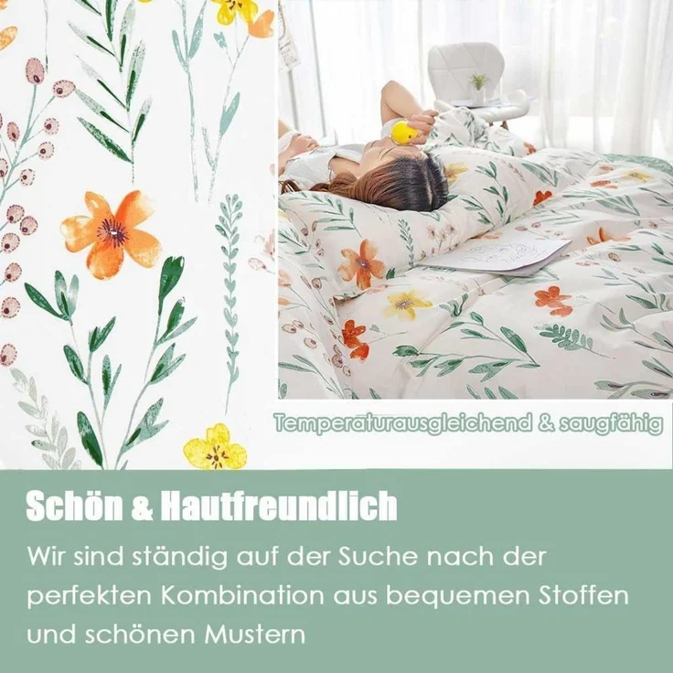 Blumen Bettwäsche 135x200 Baumwolle Reißverschluss 80x80 Kissenbezug Weiß Grün – Bild 5