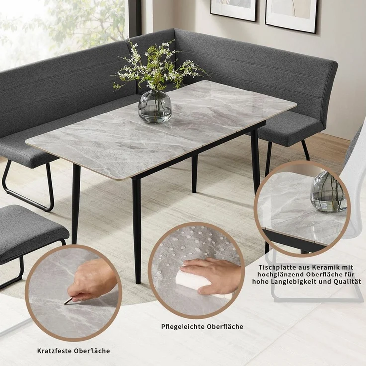 OTTO home Eckbankgruppe Stevian, (Set, 4-tlg, 1 ausziehbarer Esstisch + 1 Eckbank Recamiere links + 2 Stühle), Holz, Strukturstoffbezug, Freischwingerstühle, gesteppten Bänken – Bild 2