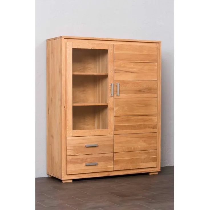 Woodline Highboard Vitrine 2-türig Wildeiche Massivholz geölt, Basel Natur, Auszug ohne Softclose 112x40x139 cm
