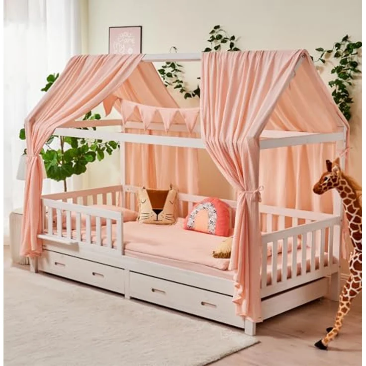Alavya Home® Betthimmel Dekoset (2 Stück Betthimmel 1 Stück Wimpelkette 300cm cm lang mit 9 Stück Wimpeln, 3-tlg), Dekoset aus 100% Bio-Musselin Baumwolle 125x350 cm – Bild 2