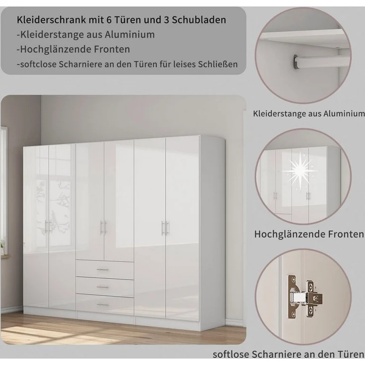 OTTO home Kleiderschrank Trento Schlafzimmerschrank Garderobe hochglanz Bestseller Schrank mit 6 Türen und 3 Schubladen, höchglänzende Fronten – Bild 3
