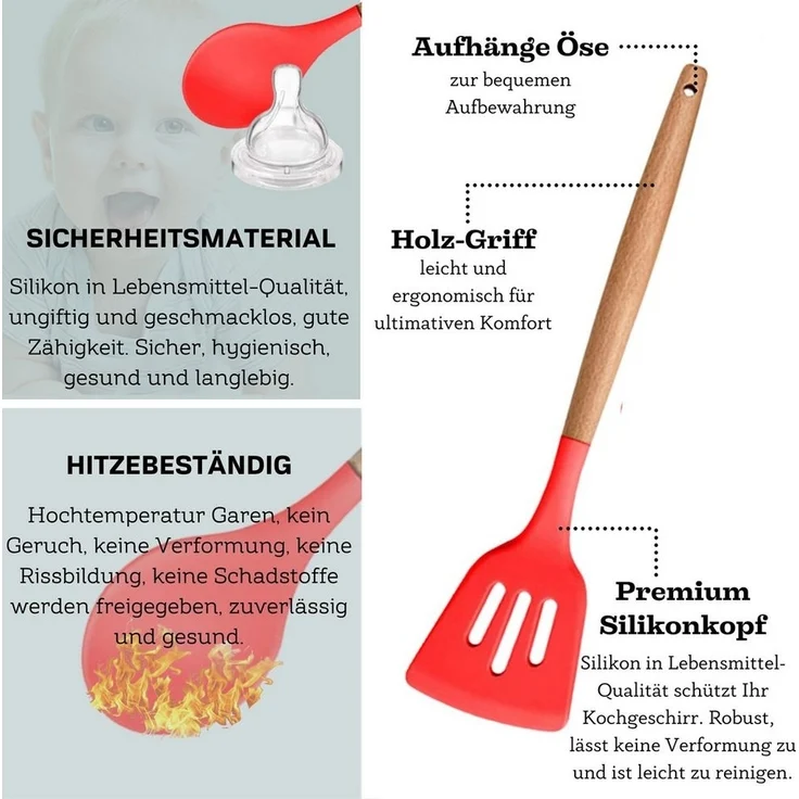 Küchenhelfer Set 12-tlg Silikon, Holzgriff, versch. Farben Rot – Bild 2
