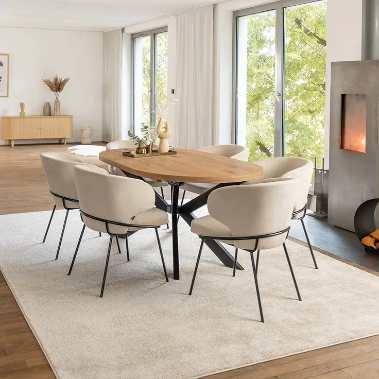 HOME DELUXE Essgruppe Oval Ausziehbar inkl. Sternfuß - 160 x 100 cm Light Oak 6 Stühle Beige