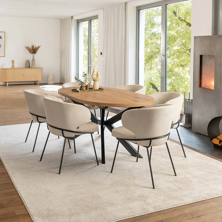 HOME DELUXE Essgruppe Oval Ausziehbar inkl. Sternfuß - 160 x 100 cm Light Oak 6 Stühle Beige – Bild 1
