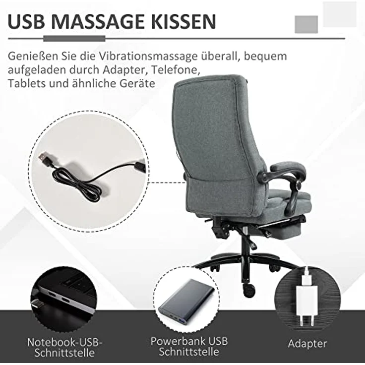 Vinsetto Bürostuhl Massage mit Fußstütze, ergonomisch, höhenverstellbar, 64 x 74 x 109-117 cm – Bild 7