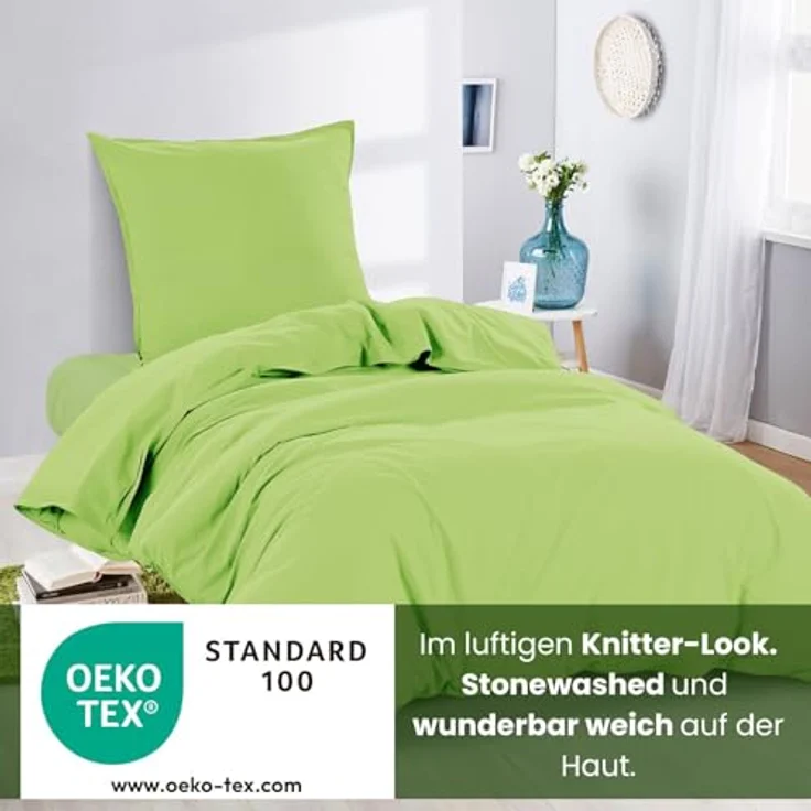 wometo Renforce-Bettwäsche Set, Hellgrün, 155x220 cm, Oeko-Tex® zertifiziert, Waschmaschine bis 60°C, Reißverschluss – Bild 3