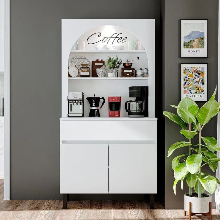 Roomart Küchenschrank VENEDIK 90×179×42 cm – Moderner Buffet- & Mehrzweckschrank mit Schublade, Türen & verstellbaren Einlegeböden – Mikrowellenschrank & Aufbewahrungsschrank für Küche, Esszimmer & Wohnzimmer • Weiß – Bild 2