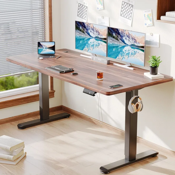 Homall Höhenverstellbarer Schreibtisch 160x80cm mit USB-A Ladeanschluss, Elektrischer Schreibtisch mit Kabel Management Tray, Standing Desk mit 3 Memory Funktion, Computertisch Nussbaum