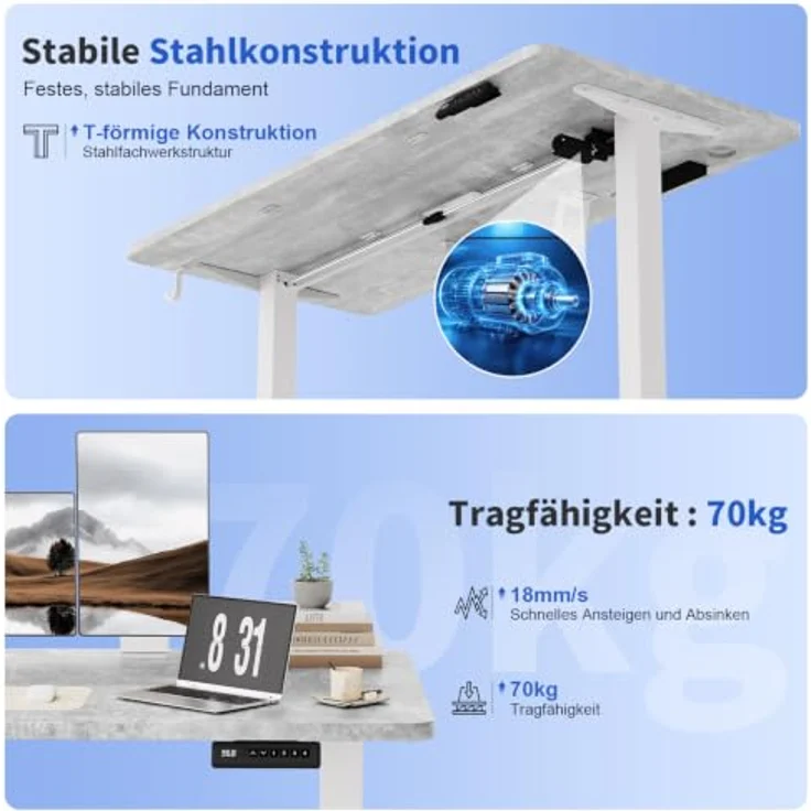 JUMMICO Höhenverstellbarer Schreibtisch 140x60 cm mit Steckdose | Schreibtisch Höhenverstellbar Elektrisch Stehtisch, Steh-Sitz Tisch, Bürotisch Computertisch für Home Office, Steingrau – Bild 4