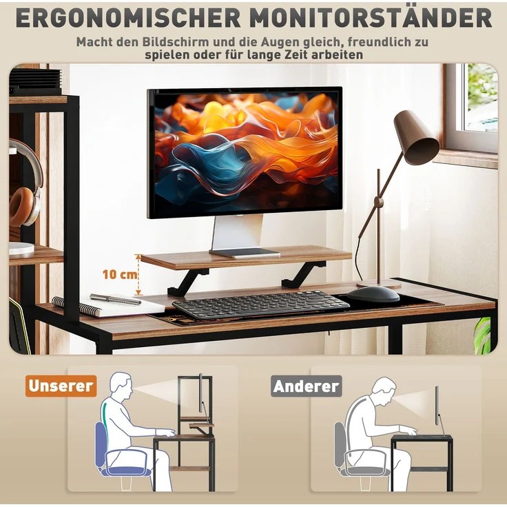 Computertisch mit Monitorständer, Schreibtisch mit 4-stufigem Regal, Industrielles Design, Braun--Braun--125x48x150cm--YOUDENOVA – Bild 7