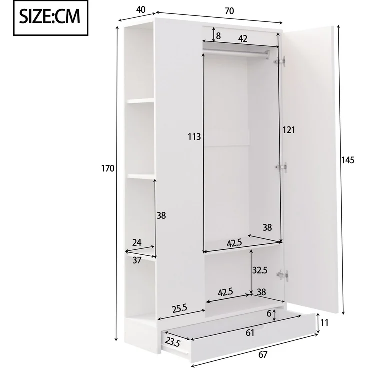 Merax Kleiderschrank 70*40*170cm, Eintürige Ausführung, mit Einlegeböden und Schubladen, Weiß – Bild 4