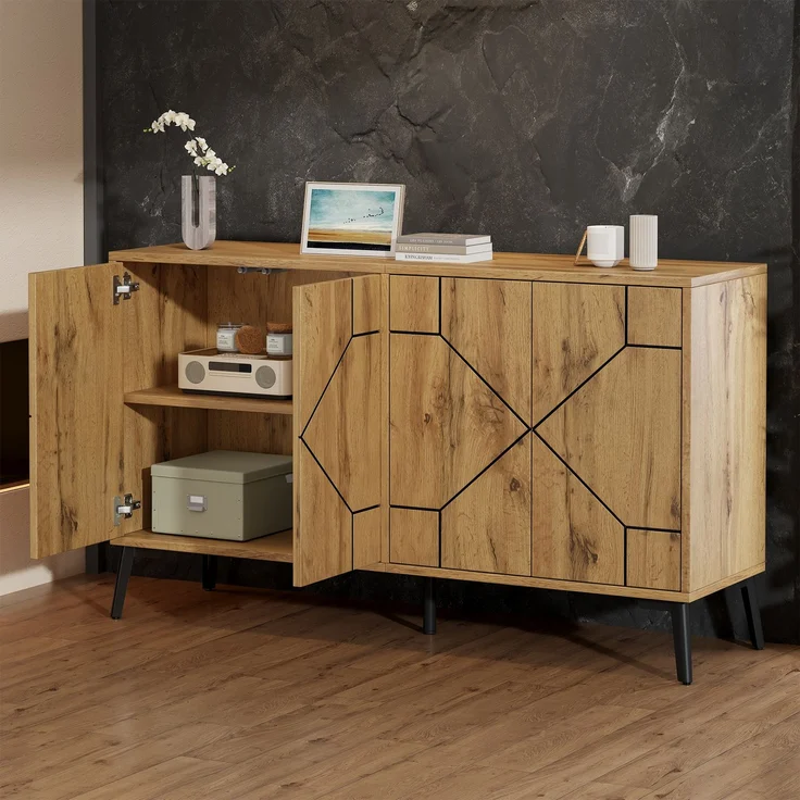 Merax Sideboard mit Wellenmuster, 4 Türen mit Rückprallmechanismus, Aufbewahrungsschrank, Holzfarbe – Bild 3