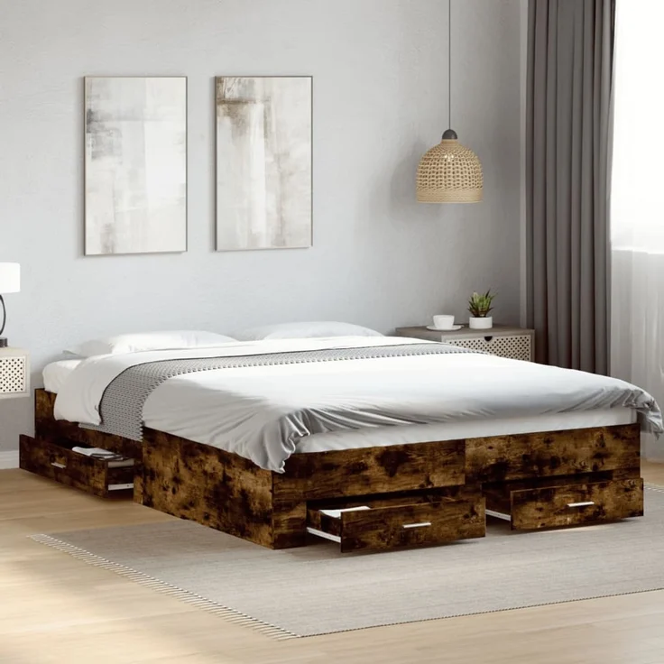 vidaXL Bettgestell mit Schubladen Räuchereiche 140x200cm Holzwerkstoff 3280388 – Bild 1