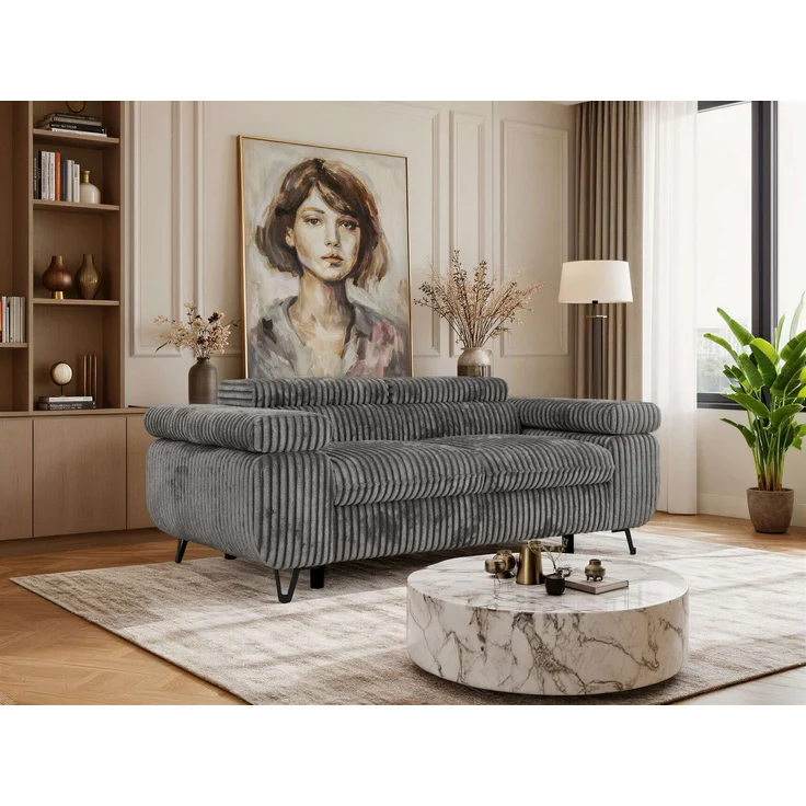 2-Sitzer Polstercouch PETER mit verstellbaren Armlehnen und Kopfstütze, Gepolsterte Couch, Wellenfeder - Dunkelgrau Cord – Bild 1