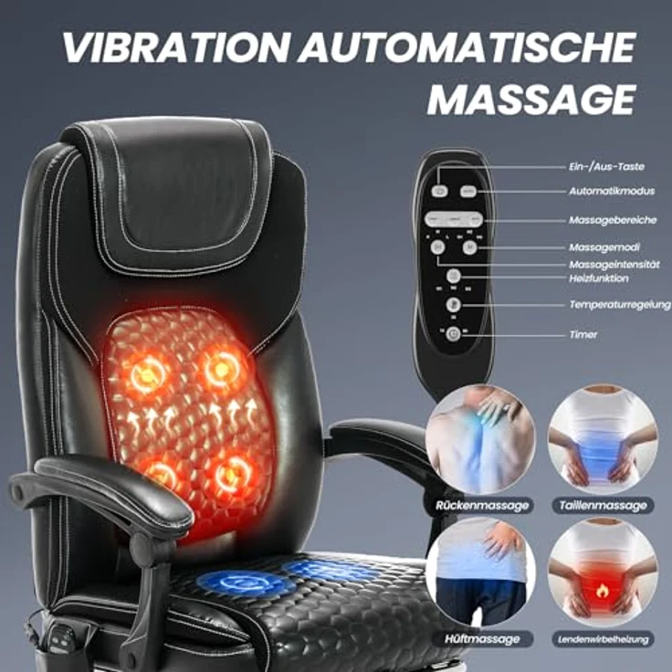 COLAMY Ergonomischer Chefsessel aus Leder mit 6-Punkt-Massage & 3-Stufen-Heizfunktion, höhenverstellbar, verstellbare Rückenlehne, ausziehbare Fußstütze – Büro & Home Office, Schwarz – Bild 6