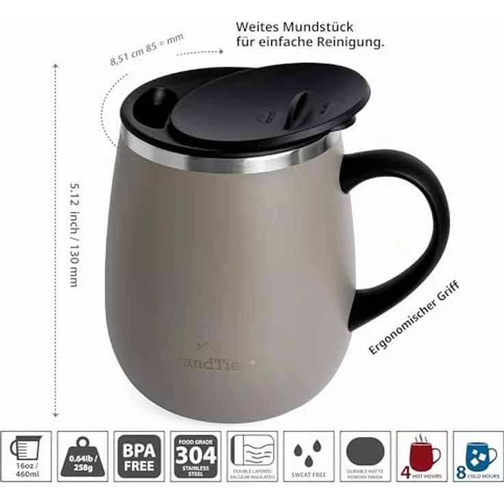 GrandTies Insulated Coffee Mug with Handle- Sliding Lid for Splash-Proof 16 oz Wine-Glass Shape Thermal Tumbler with Double Walled Vacuum Stainless Steel to Keeps Beverages Hot or Cold-Caffe Latte – Bild 4