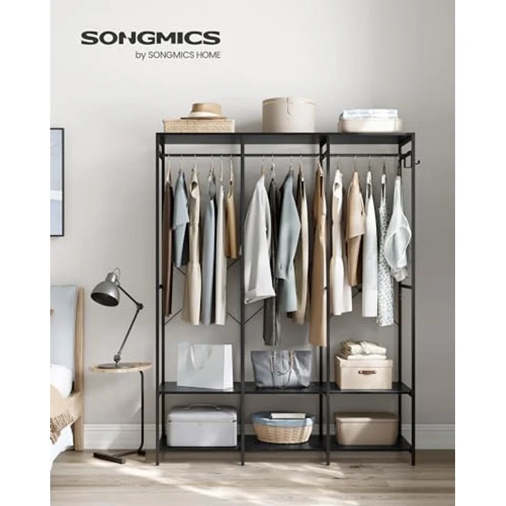 SONGMICS Kleiderschrank offen, Kleiderständer, Garderobenständer, Garderobe mit Kleiderstange, Ablagen, abnehmbare Haken, 40 x 141 x 180 cm, ebenholzschwarz RGR005B56 – Bild 3