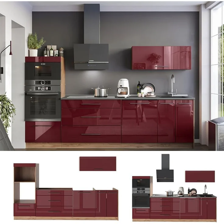 Küchenzeile Fame-Line Bordeaux Hochglanz/Goldkraft Eiche 280 cm, AP Anthrazit Vicco – Bild 7