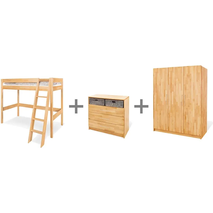 Pinolino Kinderzimmer Set Jugendzimmer 'Natura' breit groß mit Hochbett, 3-tlg.
