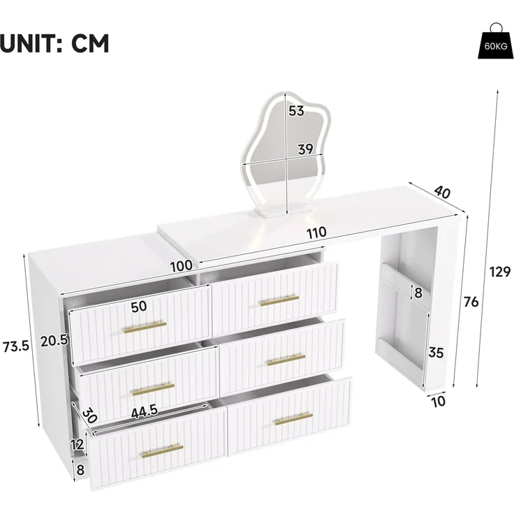 Drehbarer Schminktisch B 110 x T 40 x H 129 cm, längenverstellbar, mit LED-Spiegel und 6 Schubladen – Bild 5