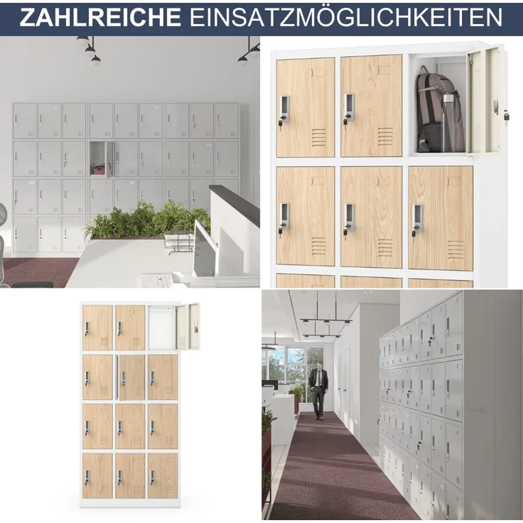 Schließfachschrank Spind BERN - 12 Fächer, Etikettenhalter Lüftungsschlitze | Wertfachschrank Umkleideschrank Metall Kleiderspind, 185x90x40cm Weiß-Sonoma Eiche – Bild 6
