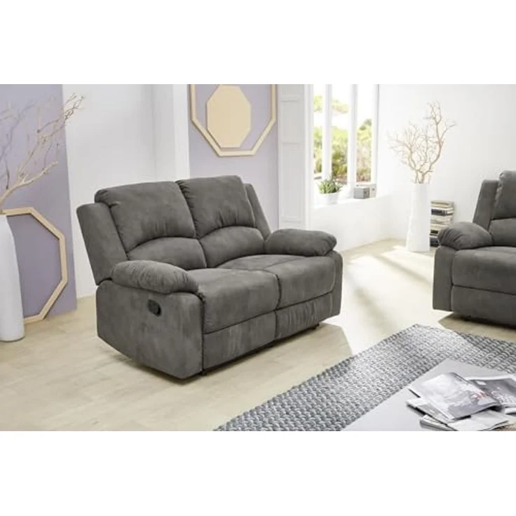 2-Sitzer-Relaxsofa Couch Liegefunktion Federkern Polster Stoff Vintage Anthrazit – Bild 2