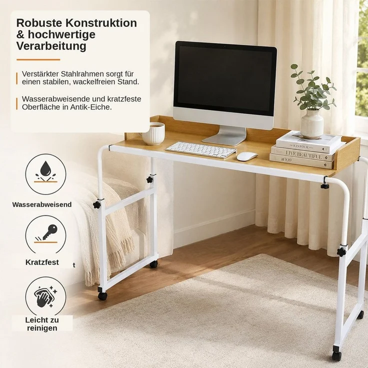BlingBin Wangentisch Überbetttisch mobiler Betttisch Beistelltisch Laptoptisch mit 4 Rollen (1er Set, 1-St, 120-210 x 45 x 65-95 cm (L x B x H), Höhenverstellbar 65-95CM/Breitenverstellbar 120-210CM für Den Zuhause – Bild 4