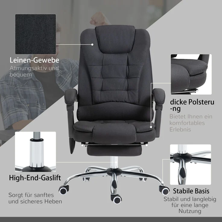 Bürostuhl mit Massagefunktion, Ergonomisch Schreibtischstuhl mit Liege- & Wärmefunktion, Höhenverstellbar Computerstuhl mit Fußstütze, Seitentasche und Fernbedienung, Schwarz--Schwarz--65x70x119cm--YOUDENOVA – Bild 6
