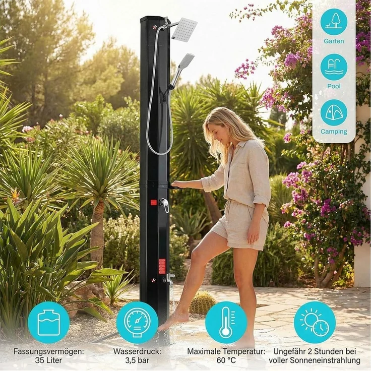 TLGREEN Solardusche Gartendusche Mit Handbrause, 360° Duschkopf & Fußdusche (35L Solar Gartendusche mit Staubschutzhülle + Seifenschale, UV-beständig PVC, bis 60°C Warmwasser ohne Strom), für Garten/Pool/Camping, einfache Installation – Bild 2