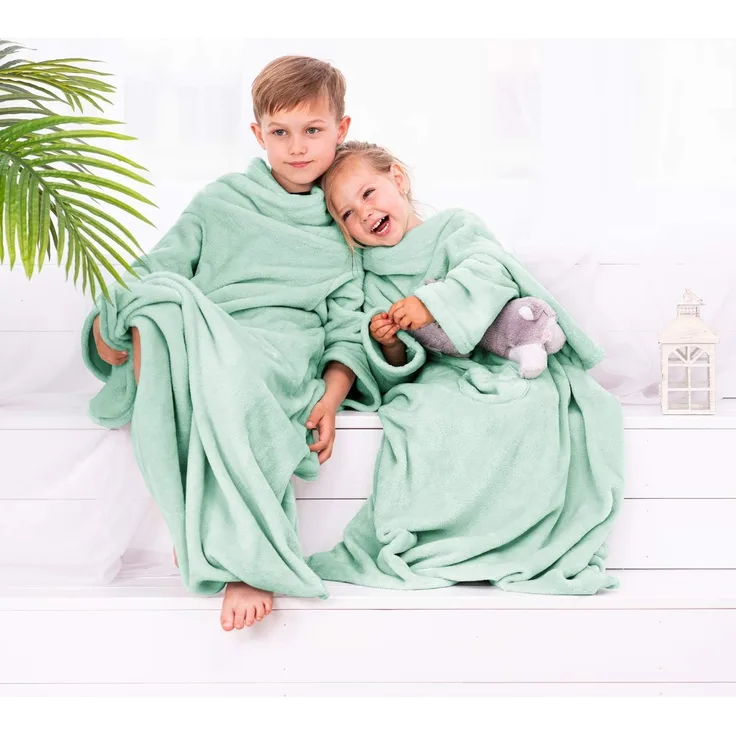 DecoKing Kinder Kuscheldecke mit Ärmeln 90x105 cm Pfefferminze Microfaser TV Decke weich Fleecedecke Kiddo