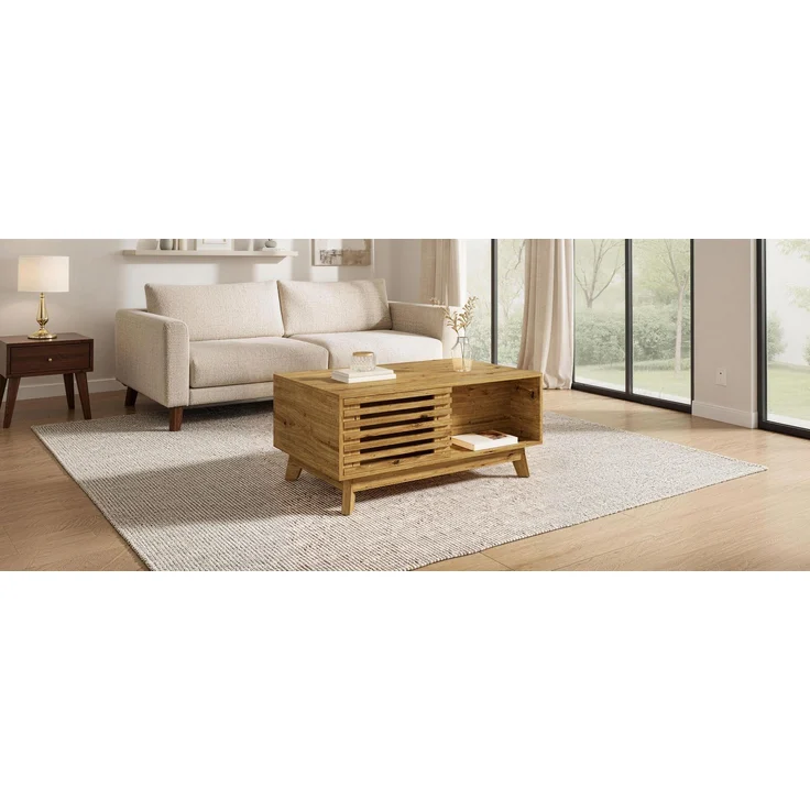 Couchtisch Modern Retro, höhenverstellbare Tischplatte, verschiebbare Jalousietür, Holz-Optik, MDF-Korpus, multifunktionaler Wohnzimmertisch--Natürlich--90x55x57.5cm--YOUDENOVA – Bild 6