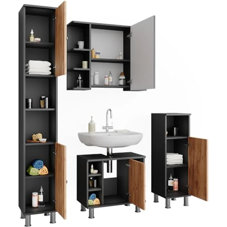 Vichy Badmöbel-Set Fynn, modernes Badmöbelset mit 4 Teilen, Anthrazit/Goldkraft Eiche, großzügiger Stauraum für Badutensilien – Bild 7