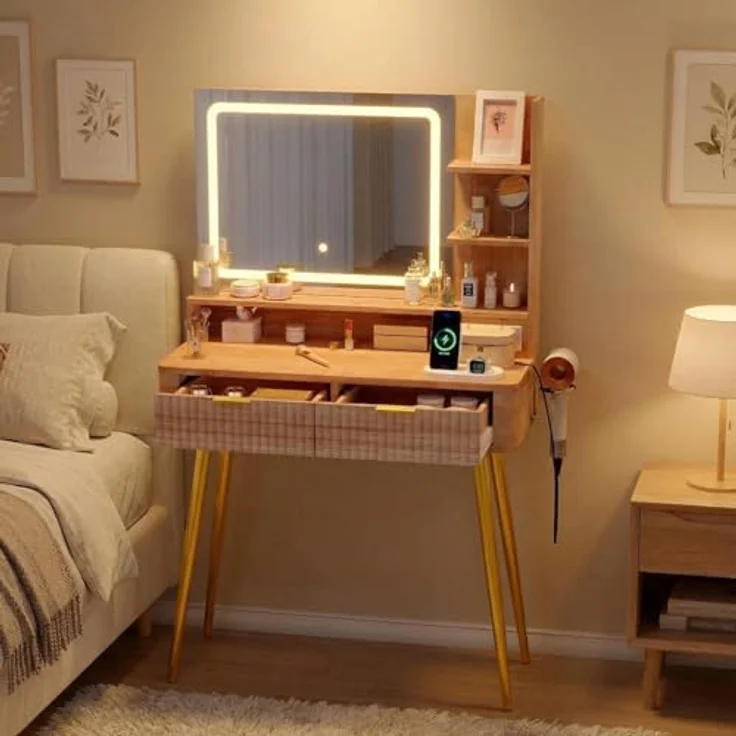 GarveeHome Beleuchteter Schminktisch mit Spiegel, 80 cm (31,5 Zoll) LED-Beleuchtung, 2 Schubladen, 3 Farblichtmodi und integrierter Steckdose für mehr Stauraum und Ordnung im Schlafzimmer – Bild 1