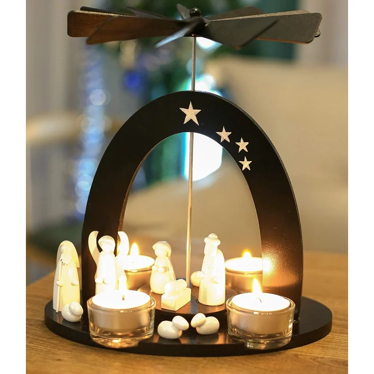 BRUBAKER Weihnachtspyramide Teelicht Holzpyramide Maria, Josef und Jesus, Weihnachtsdeko, Schwarz-weiße Teelichtpyramide mit 4 Teelichthaltern aus Glas – Bild 2